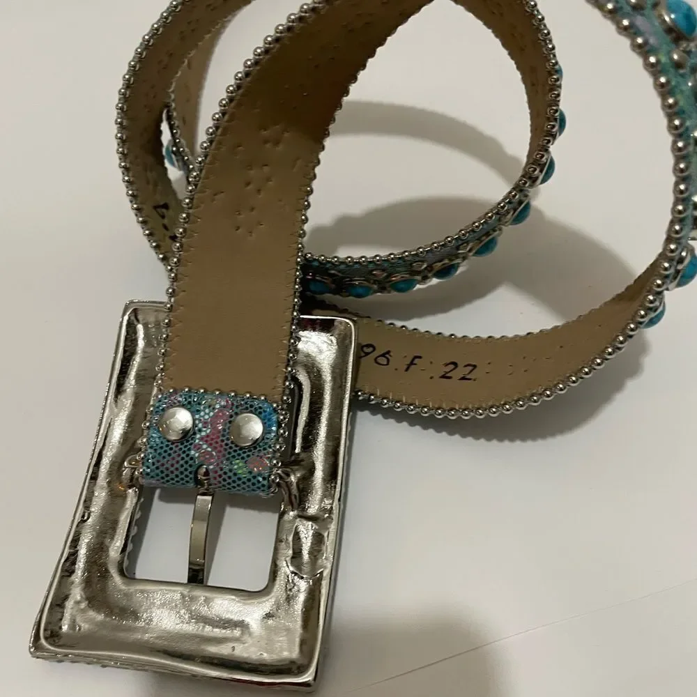 b.b. Simon Swarovski Rhinestone Embellished Blue Leather Belt With Studs L